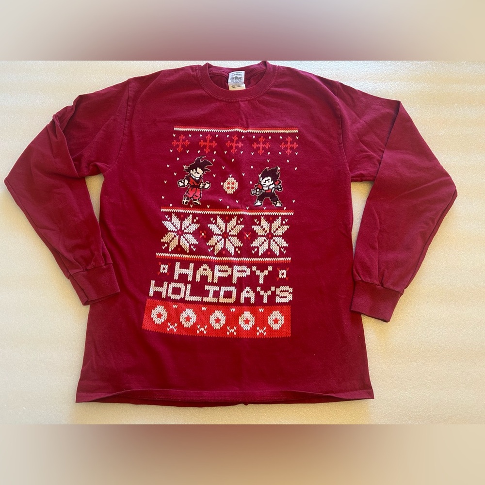 Gildan Anime Christmas-Happy Holidays-M-Long Sleeve T Shirt- Red Graphic Print